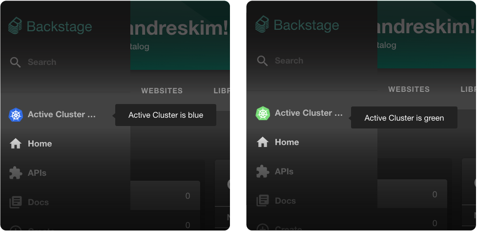 Screenshot showing Backstage interface with green and blue indicators representing deployment status of services.