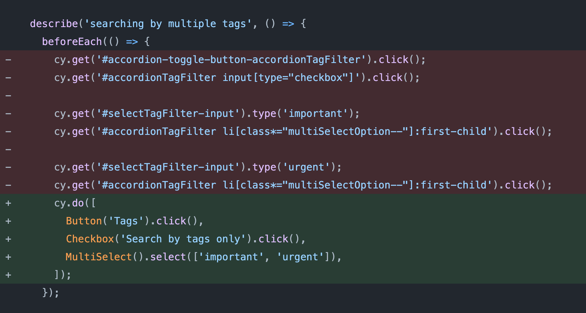 Screenshot of code diff resulting in refactoring a test using React Testing Library to use Interactors