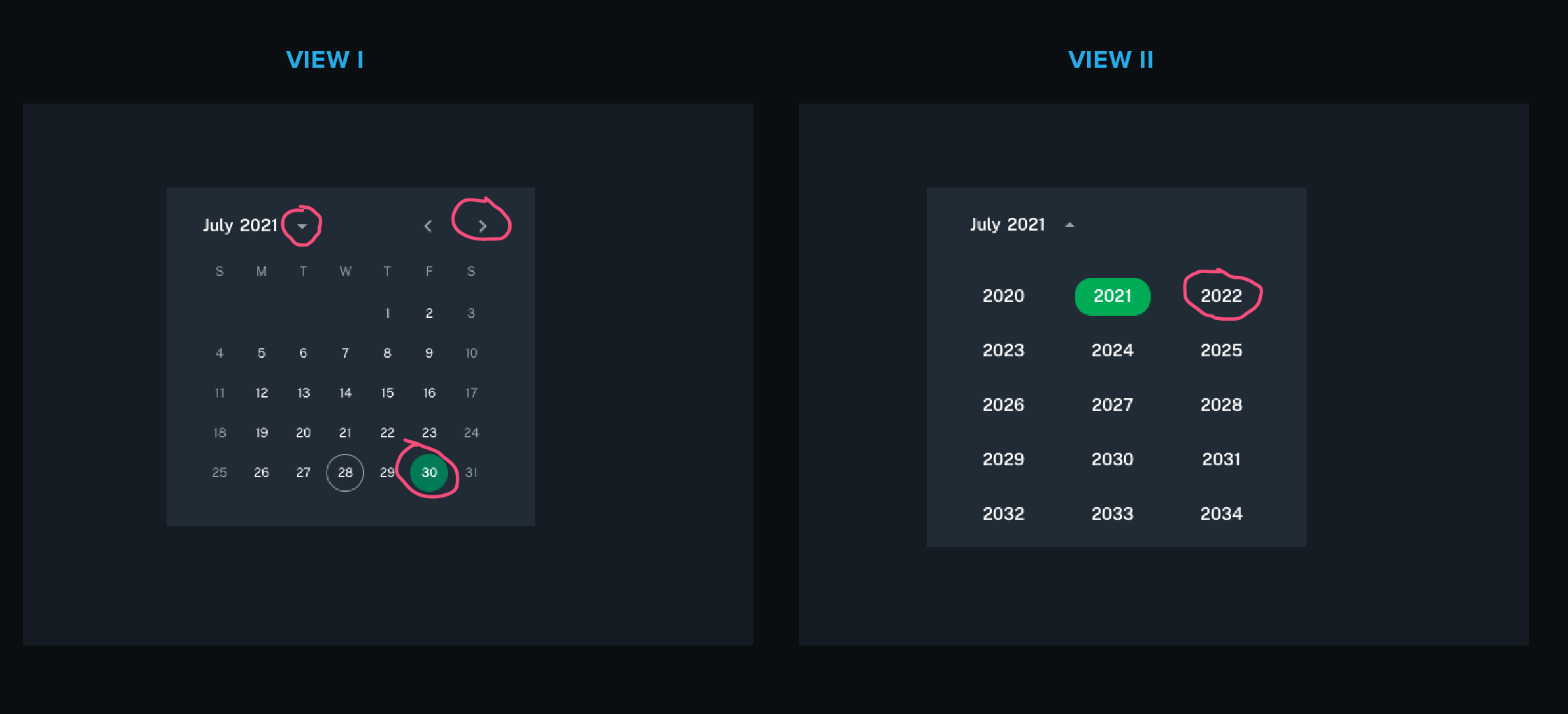 Screenshots of date picker components highlighting clickable areas