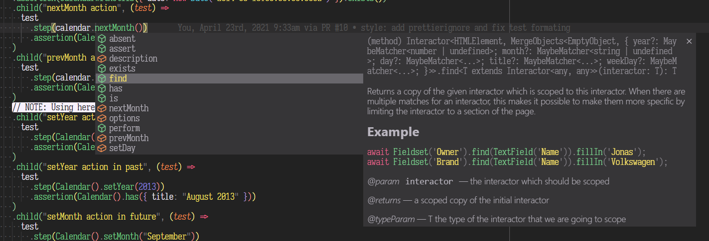 Screenshot of IDE showing in-line suggestions and documentation about Interactors