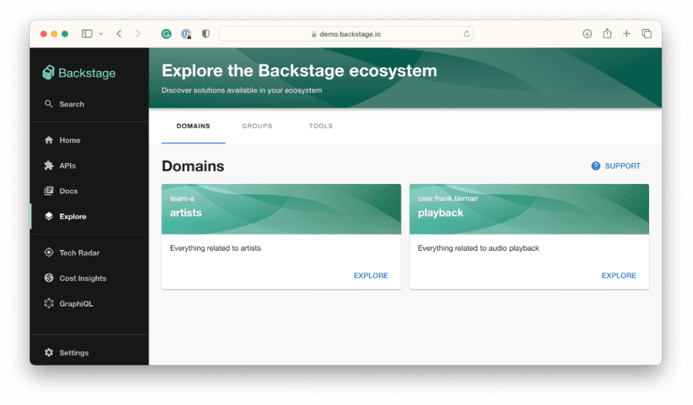 Explore Backstage Plugin shows cards of links in Backstage App