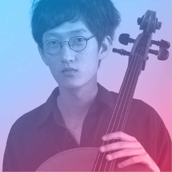 Portrait of Min. He's wearing round glasses and has medium-long hair. He's holding a cello.