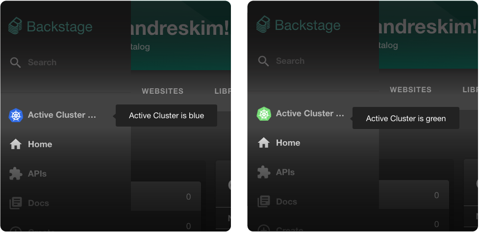 Screenshot highlighting a green and blue indicators a Backstage